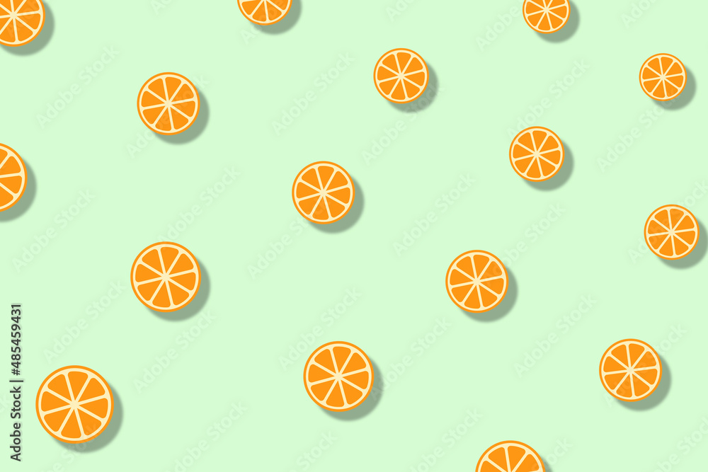 Colorful fruit pattern of orange slices on light green background with shadows. Seamless pattern with orange. Top view