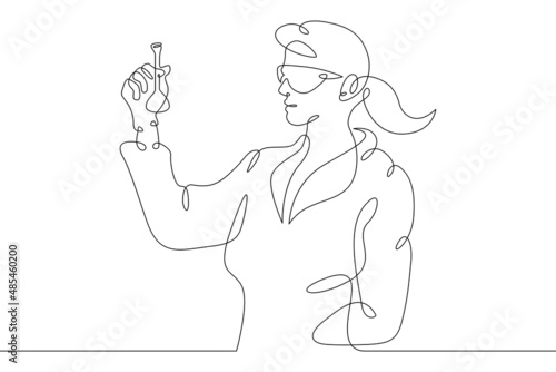 One continuous line.Laboratory assistant in the laboratory. The pharmacist prepares the medicine. The chemist is experimenting. Continuous line drawing.Line Art isolated white background.