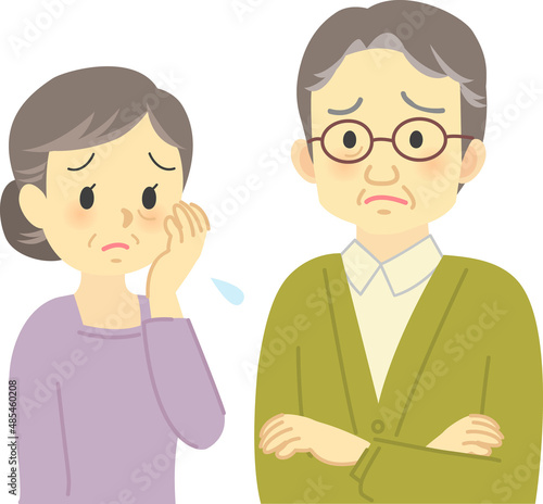 イラスト素材:老夫婦が向かい合って困った表情で思い悩む場面 腕組みしてカーデガンを着たおじいさん 