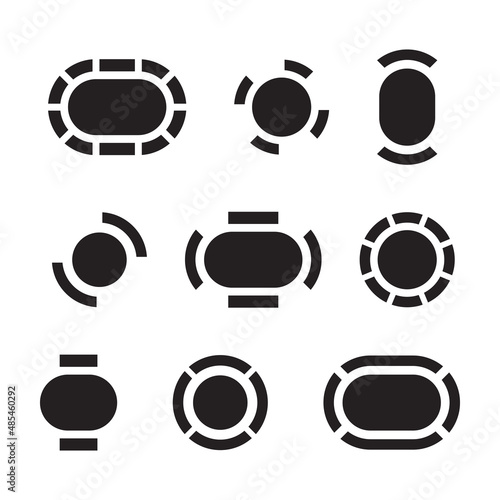 Round table icon set, meeting infographic, business furniture symbols, top view, black isolated on white background, vector illustration.