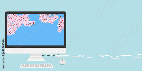 Spring scenery in the PC screen. Cherry blossoms in full bloom. vector illustration, copy space, website, banner, header, sign, poster, flyer, greeting card, invitation, graphic, light blue, pink