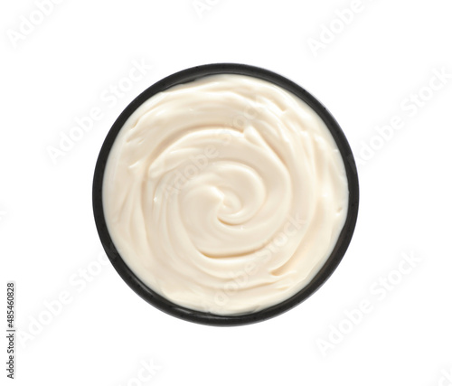 Bowl with tasty mayonnaise isolated on white, top view