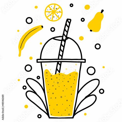 Vector illustration of yellow smoothie. Yellow fruit smoothie. Doodle style.