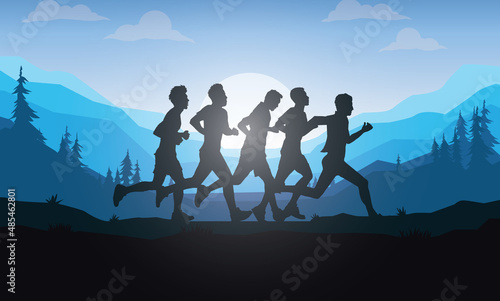 Running silhouettes. Vector illustration, Trail Running, Marathon runner.