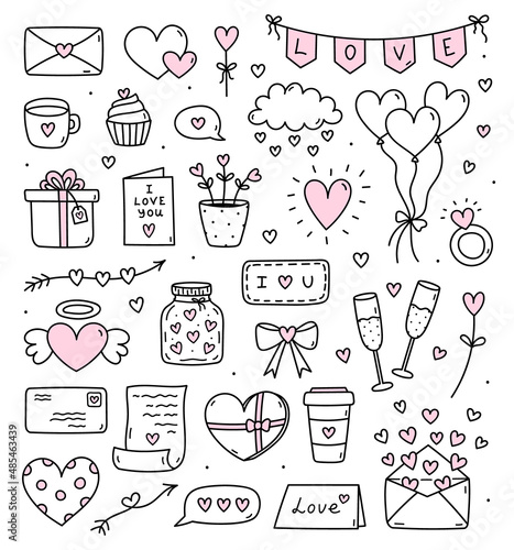 Cute set of doodles for Valentine's Day - love letters and cards, hearts, balloons, gifts, champagne, bunting and others. Vector hand-drawn illustration. Perfect for holiday designs, stickers, decor.
