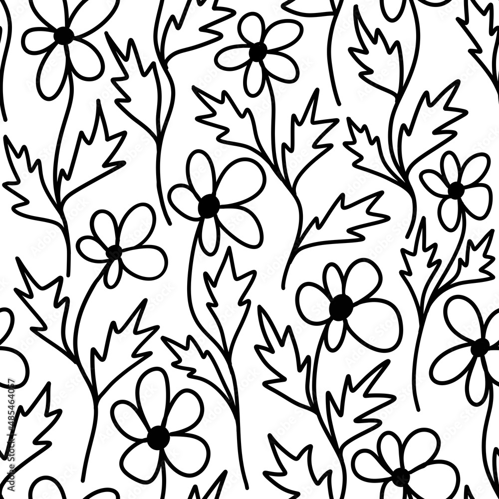 Seamless hand drawn pattern with black and white flowers floral botanical elements, leaves leaf branch blossom. Minimalist monochrome daisy rose peony plants on white background, for textile wallpaper Seamless hand drawn pattern with black and white flowers floral botanical elements, leaves leaf branch blossom. Minimalist monochrome daisy rose peony plants on white background, for textile wallpaper