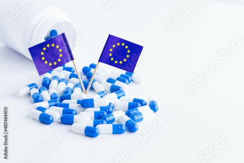 Tablets and EU flag. pharmacies in the country. Import of tablets.