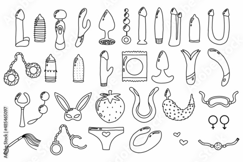  Vector set of sex toys.Doodle style. Toys and accessories for adults.