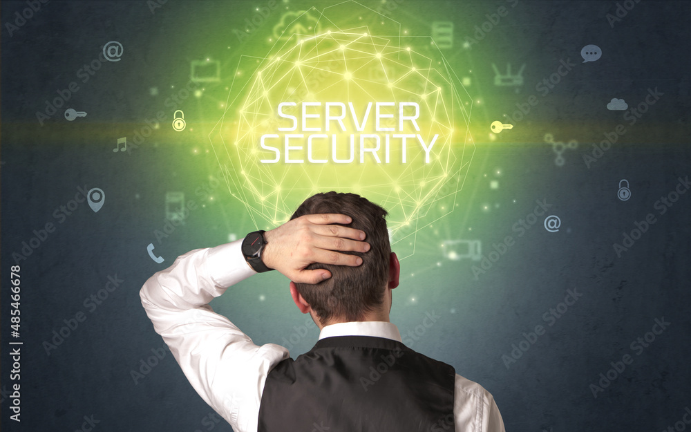 Rear view of a businessman, online security concept Rear view of a businessman, online security concept