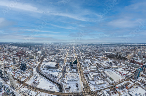Yekaterinburg aerial panoramic view at Winter in cloudy day. Ekaterinburg is the fourth largest city in Russia located in the Eurasian continent on the border of Europe and Asia.