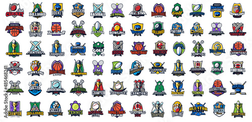 Huge set of sports logos. Emblems soccer, basketball, cricket, hockey, baseball, american football, tennis, volleyball, rugby, soccer, golf, lacrosse, bowling, billiards, balls. Vector illustration