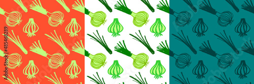Vector onion pattern seamless. Green shallot illustration. Vegan restaurant ornament, vegetarian backdrop. Homemade cooking background. Vegetable wallpaper of food label or banner. Bulb onion drawings