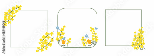 Collection flower square frame made of rapeseed. Hand-drawn floral border with copy space. Yellow cartoon canola branch, greeting card template, invitations, design element. All objects are isolated.