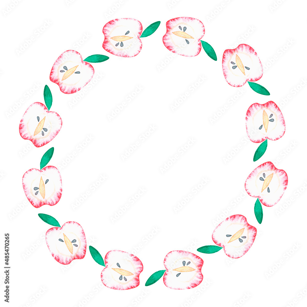 Apples wreath. Watercolor illustration. Isolated on a white background. For your design. Apples wreath. Watercolor illustration. Isolated on a white background. For your design.
