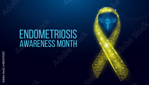 Endometriosis awareness month concept. Banner with glowing low poly yellow ribbon awareness with uterus. Futuristic modern abstract background. Vector illustration