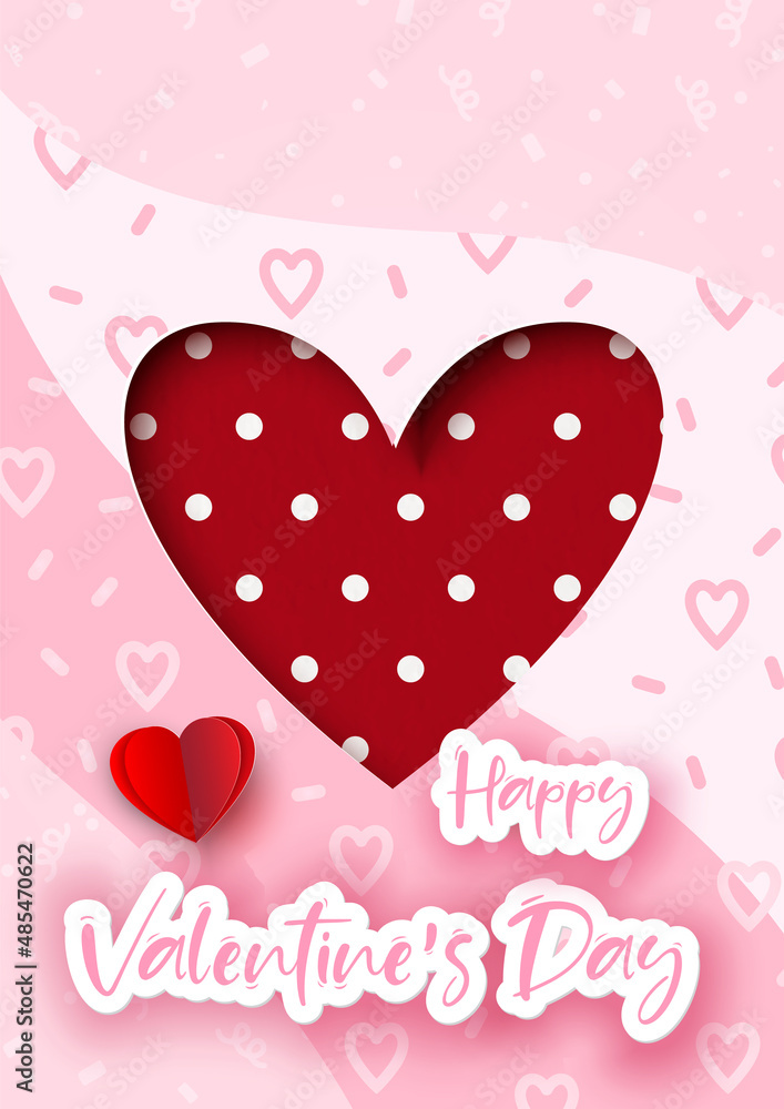 Valentine's greeting card in paper cut style on pink abstract and hearts background.