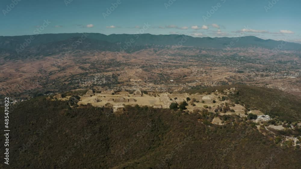 Monte Alban. Large Pre-Columbian Archaeological Site On Flattened Mountaintop In Oaxaca, Mexico. aerial drone Monte Alban. Large Pre-Columbian Archaeological Site On Flattened Mountaintop In Oaxaca, Mexico. aerial drone