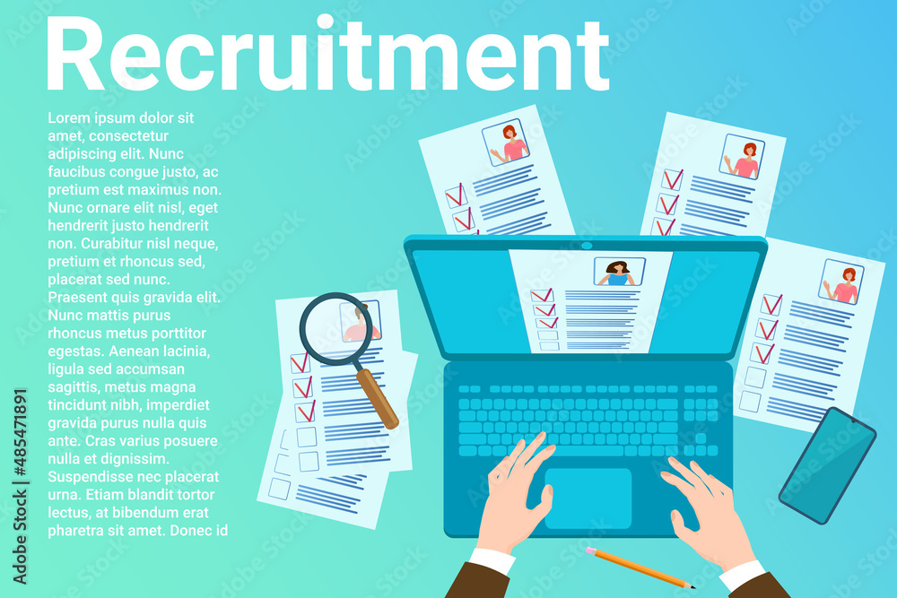 Recruitment of personnel.An employee of a recruitment agency studies applicants' questionnaires.Poster in business style.Flat vector illustration. Recruitment of personnel.An employee of a recruitment agency studies applicants' questionnaires.Poster in business style.Flat vector illustration.