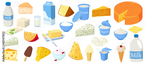 A set of dairy products.Milk, yogurt,sour cream,cottage cheese,butter,ice cream,roquefort,parmesan, edam, tilsiter,camembert, gouda and mozzarella.Dairy products isolated on a white background.