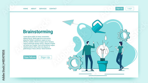 Brainstorming.People confer and come up with new business ideas.startup and new projects.An illustration in the style of a green landing page.