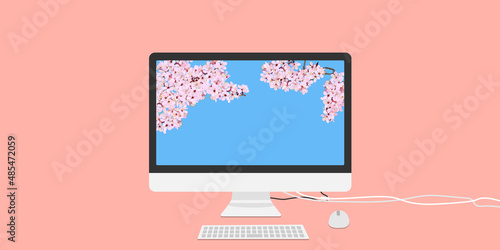 Cherry blossoms displayed on the desktop PC. copy space, vector illustration, website, banner, header, sign, flyer, poster, mockup, spring, graphic