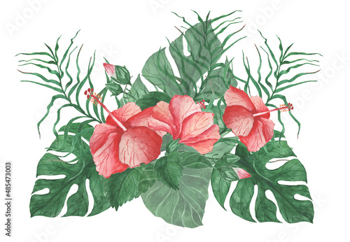 composition of hibiscus flowers and monstera leaves