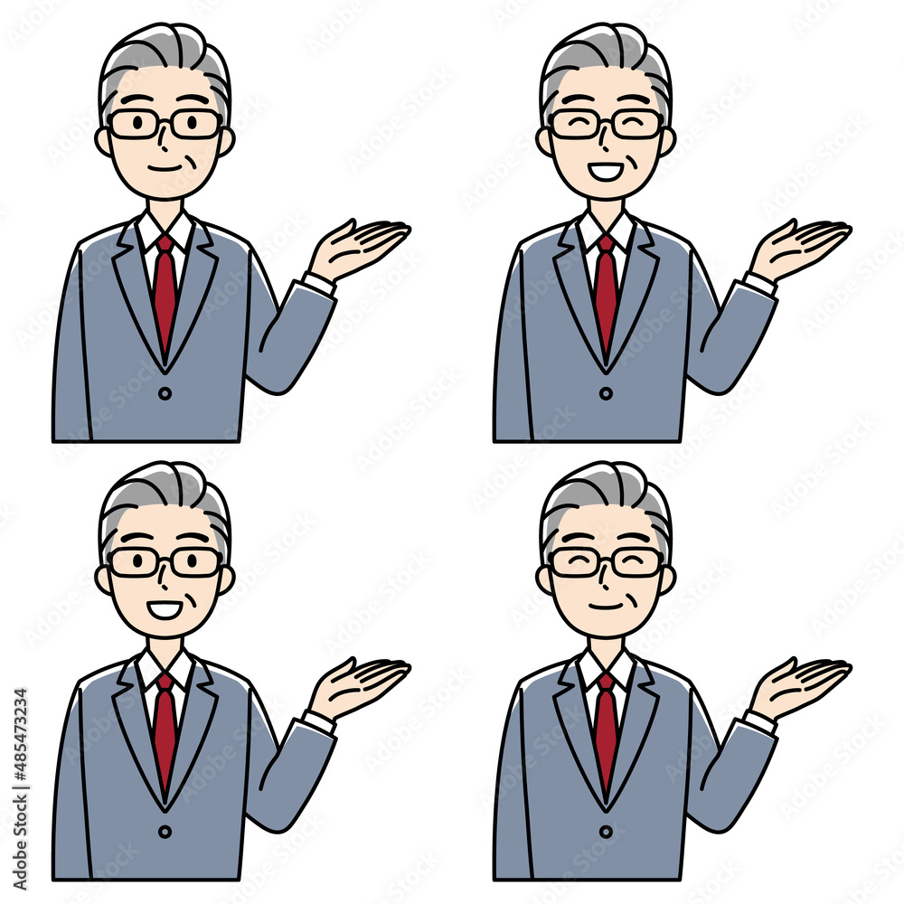 笑顔で案内するスーツの中高年男性(左手上げ・カラー) 笑顔で案内するスーツの中高年男性(左手上げ・カラー)