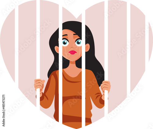 Unhappy Woman Prisoner of His Heart and Emotions Vector Concept Illustration