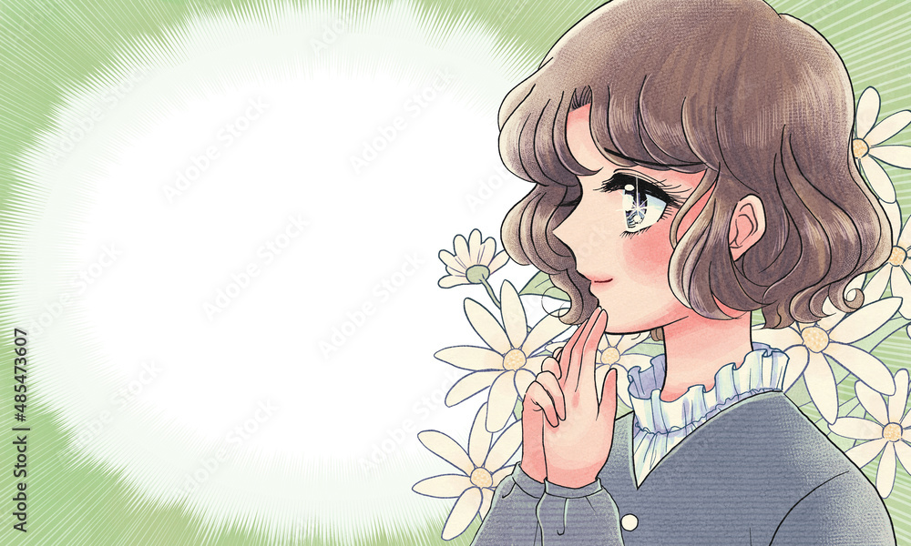 古い少女漫画イラスト 困り顔のお嬢様と花のバナー Stock Illustration Adobe Stock