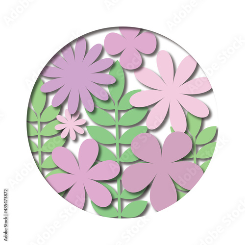Paper cutout effect vector illustration of pink colored flowers with green leaves