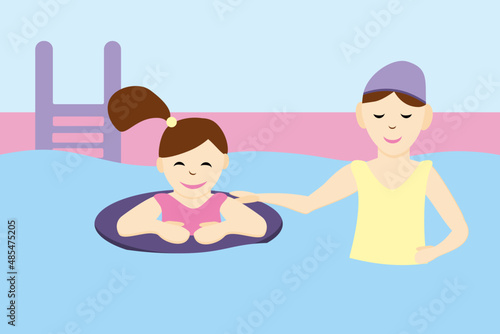 Swimming pool. Mom teaches daughter to swim. Little girl in a life buoy. Swimming training concept.
