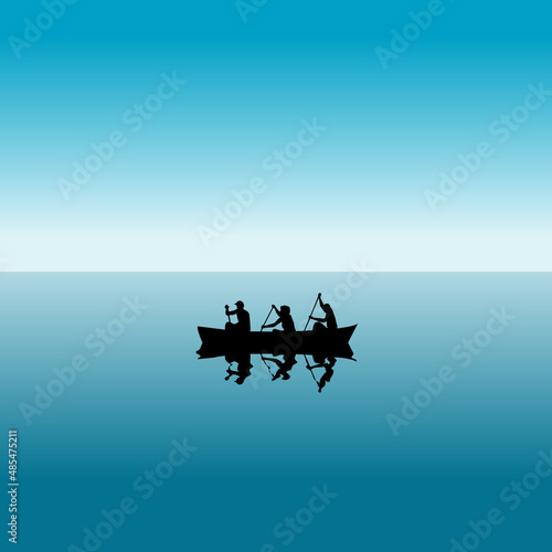 Three people in a boat silhouettes over blue water