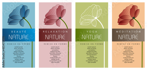 Série de 4 flyers, pour un spa ou un établissement beauté au naturel, décoré d’une fleur sur 4 fonds aux couleurs différentes.