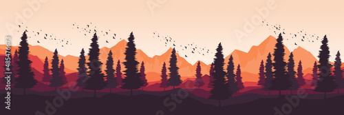 sunset nature mountain landscape flat design vector illustration for wallpaper, background, backdrop design, and design template