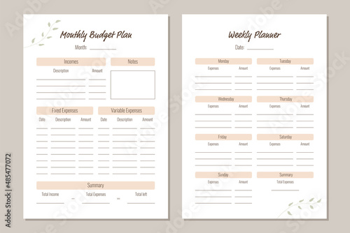 Monthly and weekly budget planner. Personal planner template in minimalistic style and pastel colors. Vector
