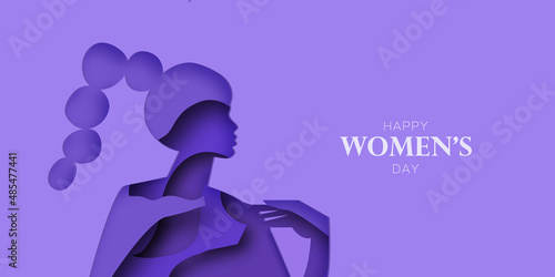 Abstract female profile silhouette. Dancing woman. Happy Women's day. Happy Mother's Day. Venera, Venus female concept paper cut style. Body positive. Violet, Purple. Very peri.