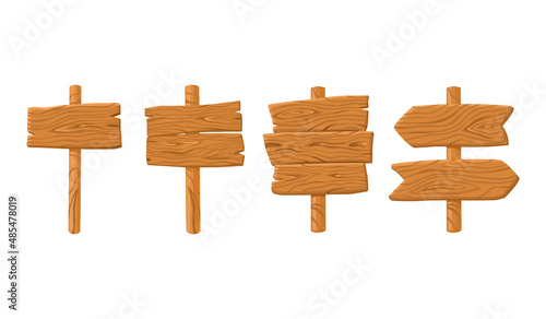 Wooden plaques set on a white isolated background. Pointer. Rustic board. Vector cartoon illustration