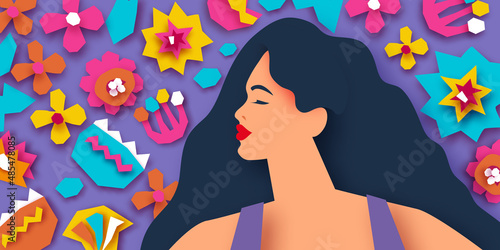 Female portrait with paper cut flowers. Happy Women's day. Happy Mother's Day. Abstract Hand drawn paper cut floral shapes. Trendy contemporary art. 8 March. Spring. Paper art work. Very peri color.