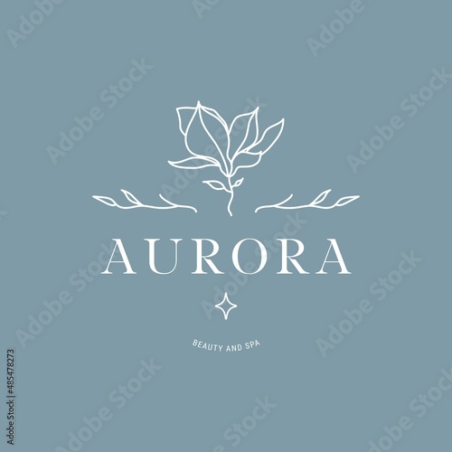Illustration of logo template with magnolia flower and brand elements in simple minimal linear style in flesh color.
