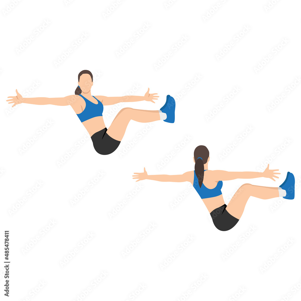 Woman doing Boat twist exercise. Flat vector illustration isolated on white background Woman doing Boat twist exercise. Flat vector illustration isolated on white background