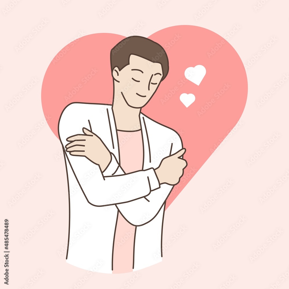Male hugging themself with hearts on pink background. Self love and self care. Love yourself. Love your body concept. Hand draw style. Vector illustration. Male hugging themself with hearts on pink background. Self love and self care. Love yourself. Love your body concept. Hand draw style. Vector illustration.