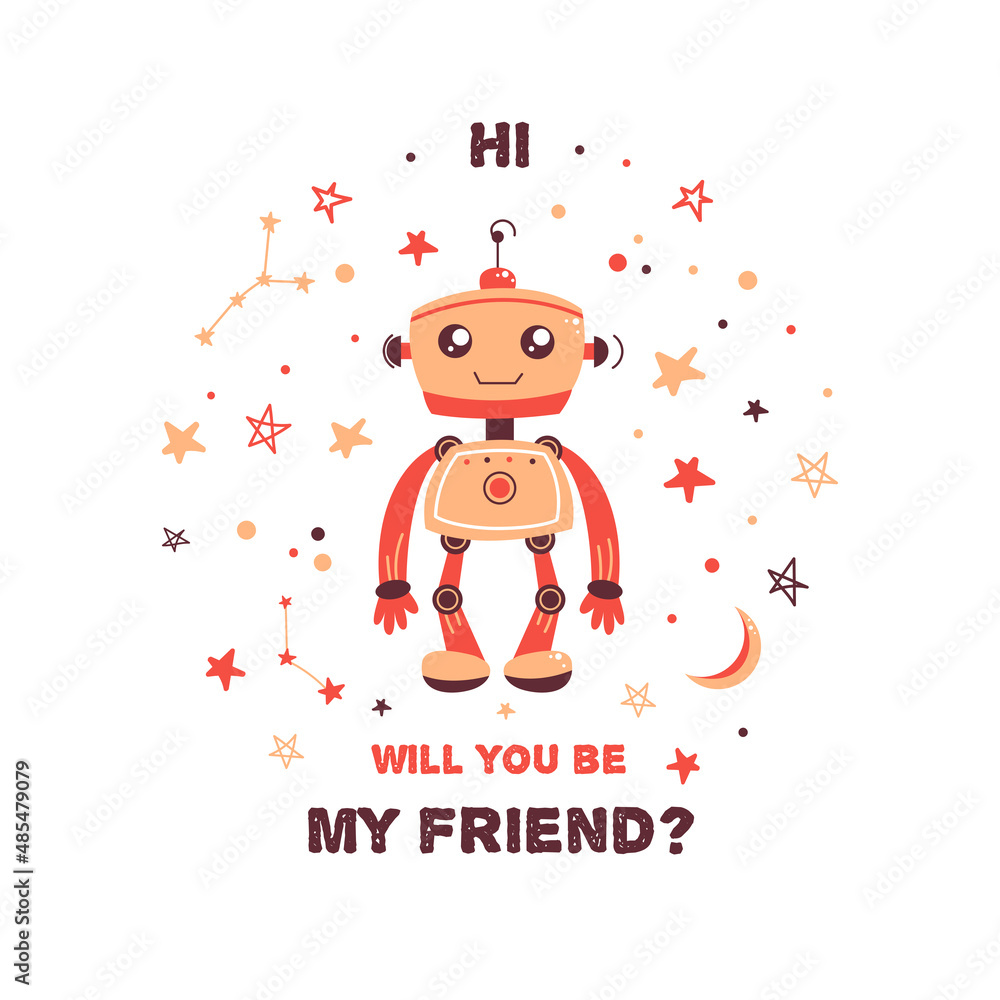 Naklejka premium Cute children's illustration. Space and the universe, astronaut, constellations and planets, alien robot