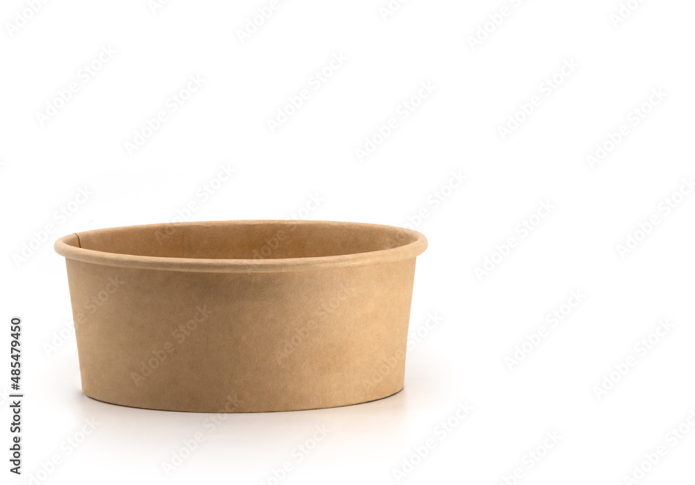 Empty paper food box, brown box with round shape, front view image, blank space on the box, the isolated image on white background. Empty paper food box, brown box with round shape, front view image, blank space on the box, the isolated image on white background.