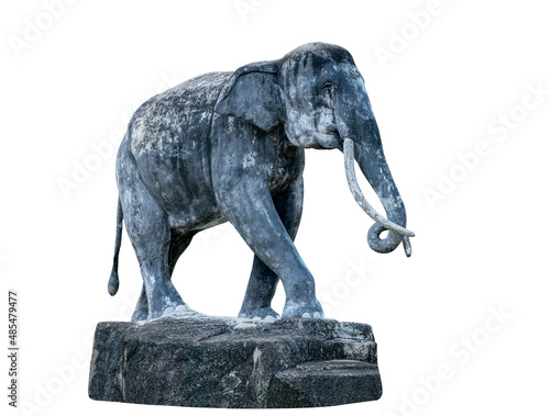 Isolated old sculpture of elephant, full-body and side view, weathered stone. Sculpture of elephant for garden decoration on white background.