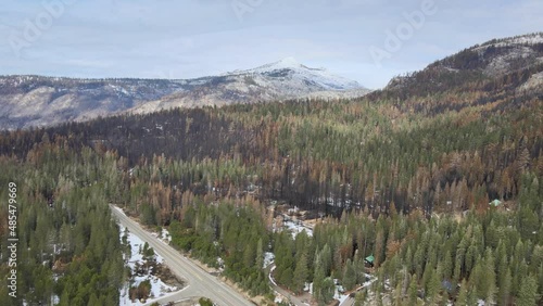 Aerial: Drone pivots shows Caldor Wildfire aftermath near Sierra at Tahoe. photo