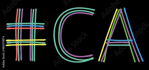 CA Hashtag. Multicolored bright isolate curves doodle letters. Hashtag #CA is abbreviation for the US America state California social network, web resources, mobile app.