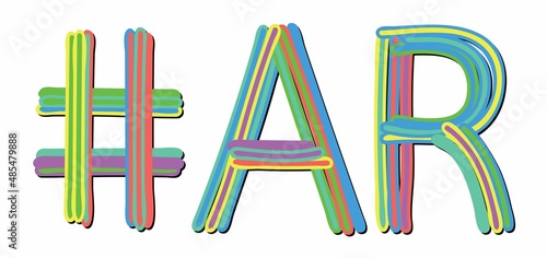 AR Hashtag. Multicolored bright isolate curves doodle letters. Hashtag #AR is abbreviation for the USA state Arkansas for social network, web resources, mobile apps.