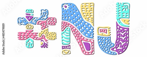 NJ Hashtag. Multicolored bright isolate curves doodle letters. Hashtag #NJ is abbreviation for the US American state New Jersey for social network, web resources, mobile apps.