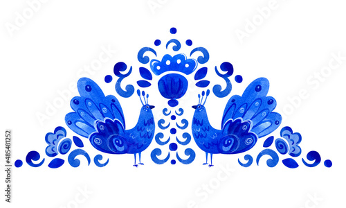 Symmetrical composition of abstract birds in the style of traditional Russian painting.