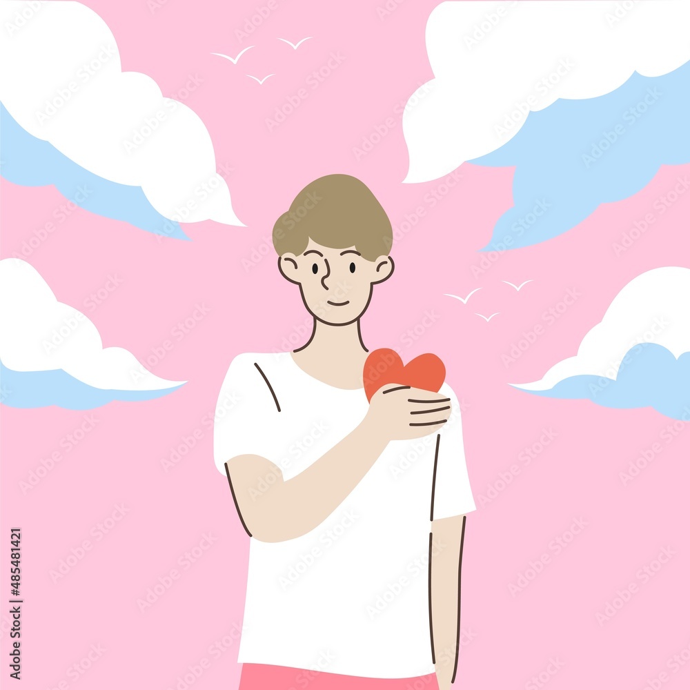 Man holding heart on chest on sky background. Love your body concept. Love yourself. Valentine's day. Self care and body positive. Hand draw style. Vector illustration. Man holding heart on chest on sky background. Love your body concept. Love yourself. Valentine's day. Self care and body positive. Hand draw style. Vector illustration.
